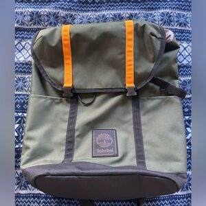 Timberland Olive Green Canvas Backpack with Orange Accent Straps